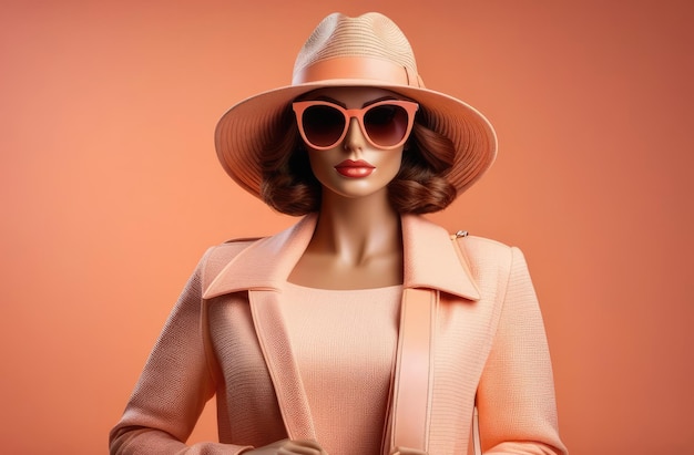 woman with hand bag sunglasses and hat on peach color background summer fashion collection sale