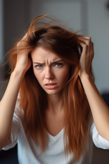 Woman with hands in hair frustrated and worried about problems at home created with generative ai