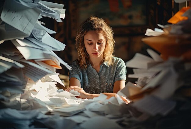 Photo a woman with hands in a pile of papers in the style of pensive stillness