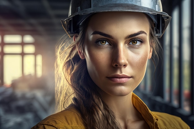 A woman with a hard hat on her head generative AI