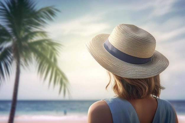 Woman with Hat Admiring the Ocean Generative AI