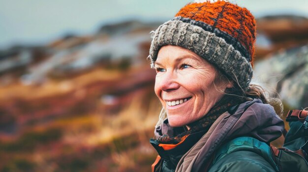 A woman with a hat and backpack on a mountain trail smiles happily