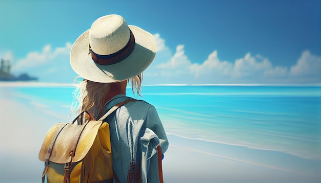 A woman with a hat and a backpack stands on a beach looking out to the ocean.