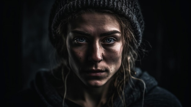 A woman with a hat and a beanie looks into the camera.