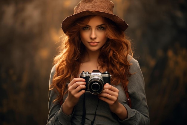 Photo a woman with a hat and a camera