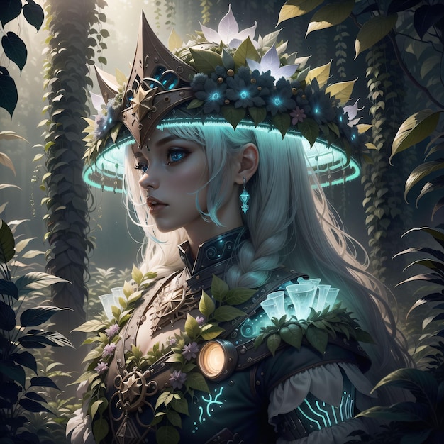 A woman with a hat and a crown is standing in a forest.