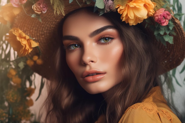 A woman with a hat and flowers on her head