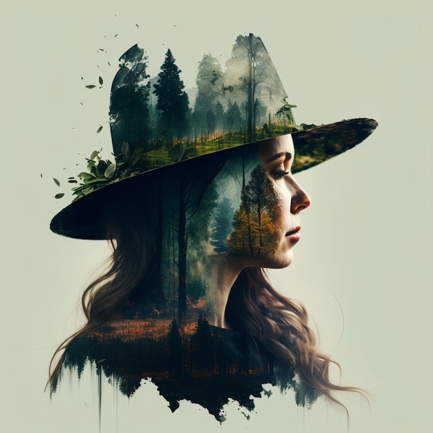 A woman with a hat and a forest on her head