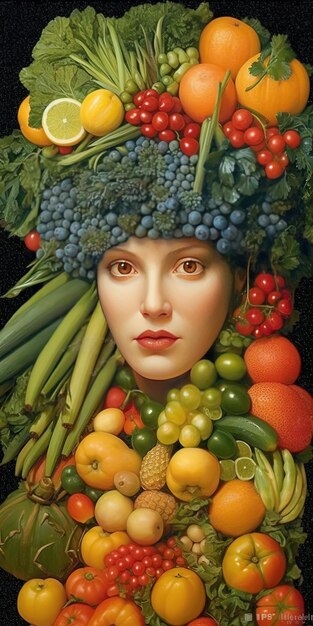 Foto a woman with a hat of fruit and vegetables