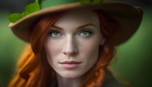 A woman with a hat and green eyes