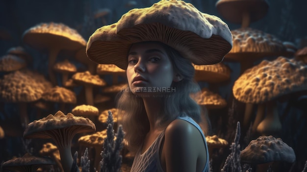 A woman with a hat on her head stands in front of a bunch of mushrooms.