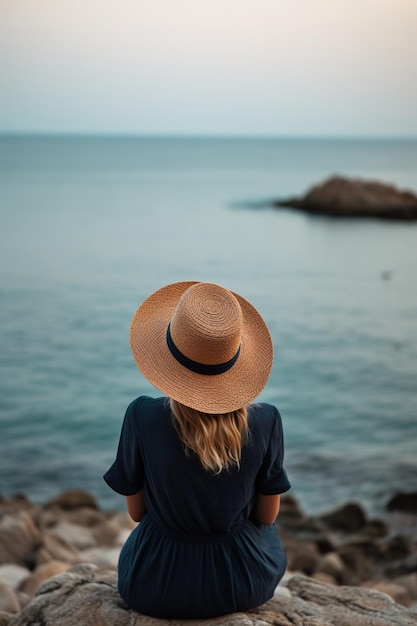 A woman with a hat is looking at the ocean