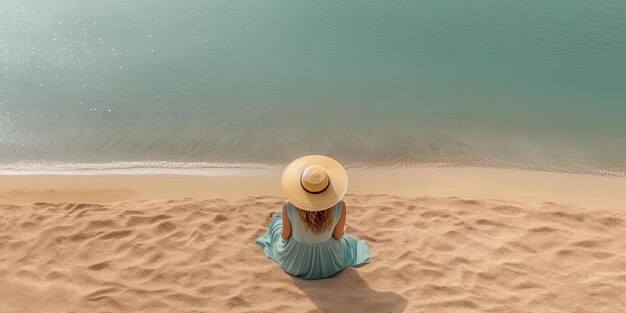 woman with hat is sitting on beach overlooking sea in the style of teal and beige