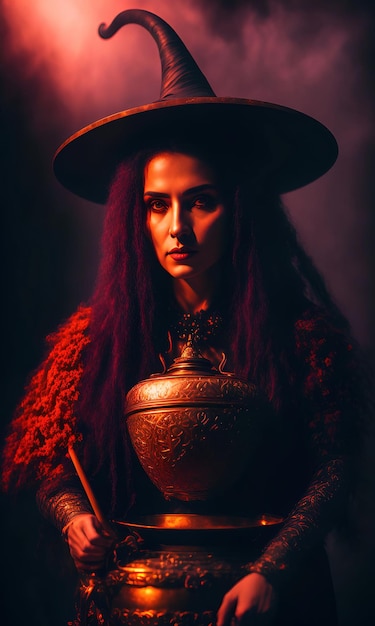 A woman with a hat and a large hat is standing in front of a dark background.