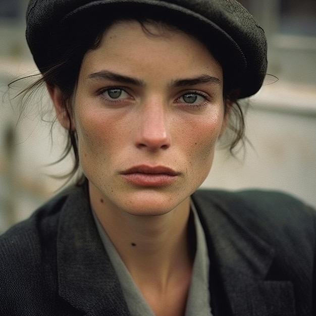 A woman with a hat looking at the camera