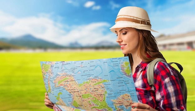 A woman with a hat and a map reading the world on a green field