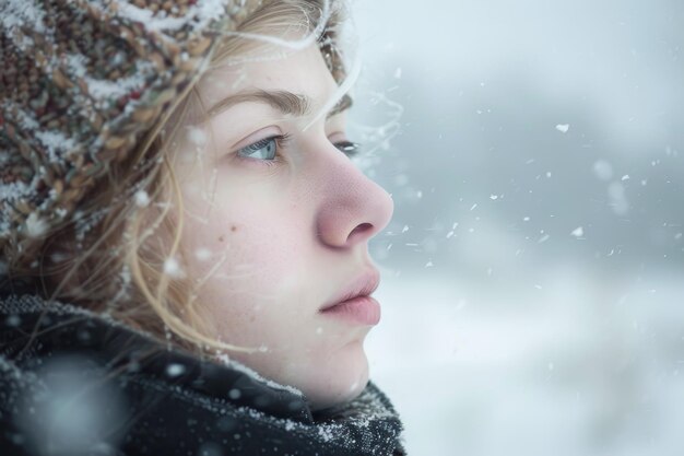 帽子とスカーフをかぶった女性が雪の中に立っています