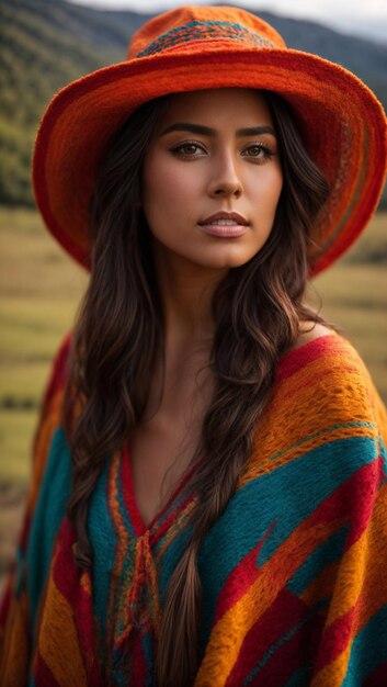 a woman with a hat and a scarf with a long brown hair