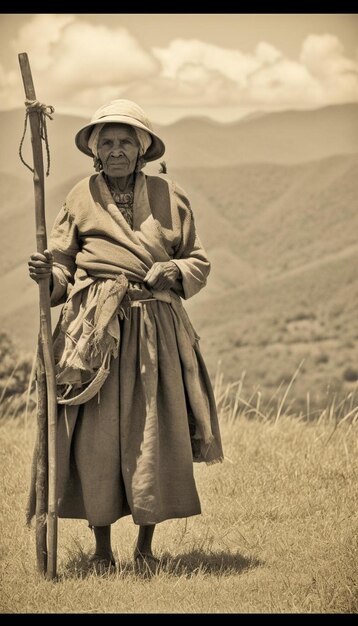 a woman with a hat and a stick in the middle of her hand