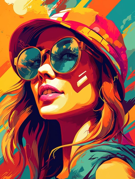 Женщина в шляпе и солнцезащитных очках на голове.
