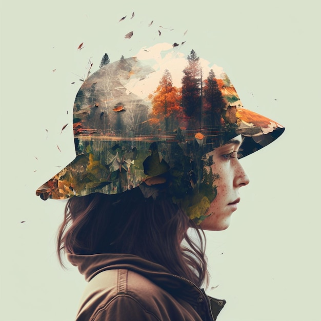 A woman with a hat that has a picture of a forest on it.