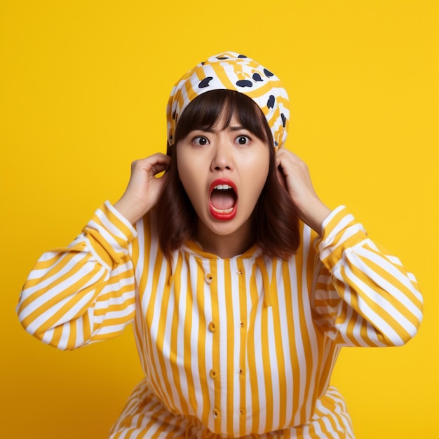 a woman with a hat that says " she is screaming "