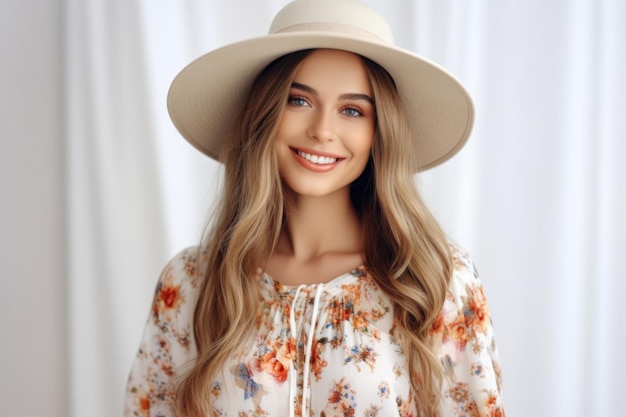 A woman with a hat on and a white background