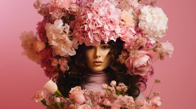 Женщина с головой, покрытой весенними цветами на розовом фоне