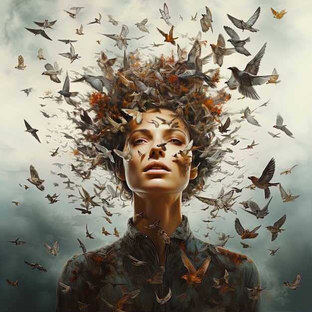 Foto una donna con una testa piena di farfalle sulla testa