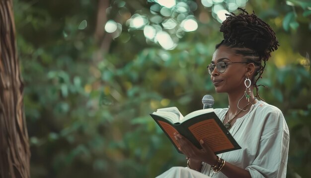 A woman with a head scarf is reading a boo