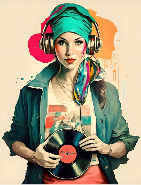 A woman with a head scarf and a record in her hand.