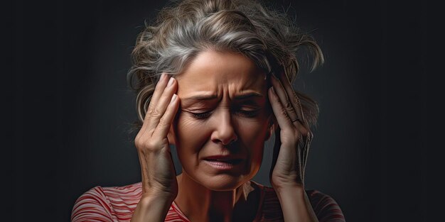 Photo a woman with a headache on a dark background