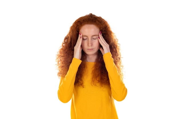 Woman with headache holding her hand to the head