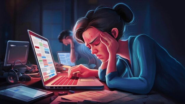 Woman with headache looking at a laptop