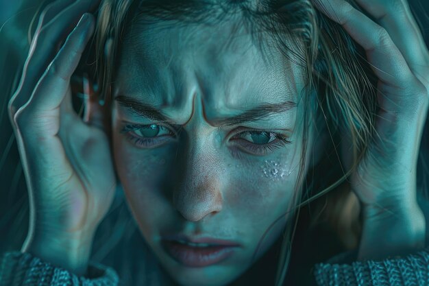 woman with headache and negative face expression