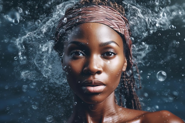 A woman with a headband and a headband is surrounded by water.