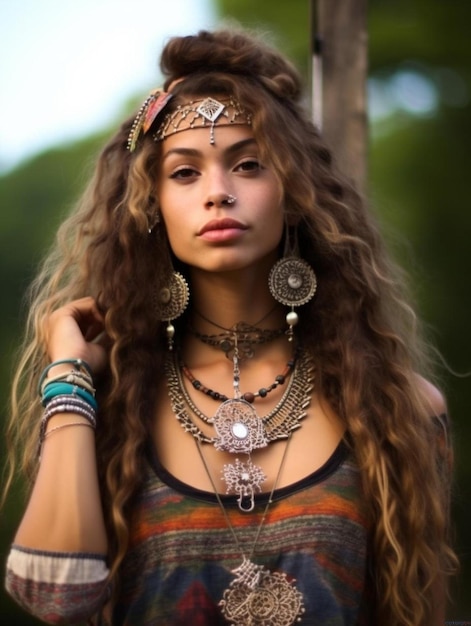 Photo a woman with a headband and a necklace that says 