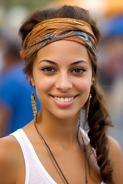 A woman with a headband and a scarf