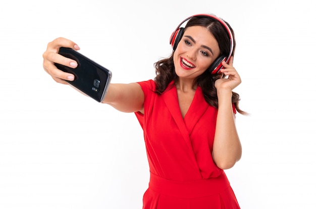 Woman with headphone and phone. Digital gadget. Listening music. Girl model.