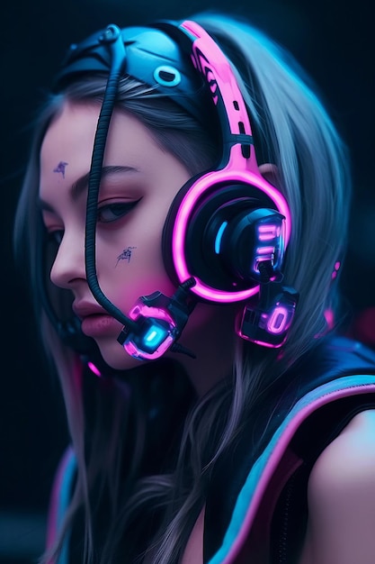 A woman with a headphone that says dj on it