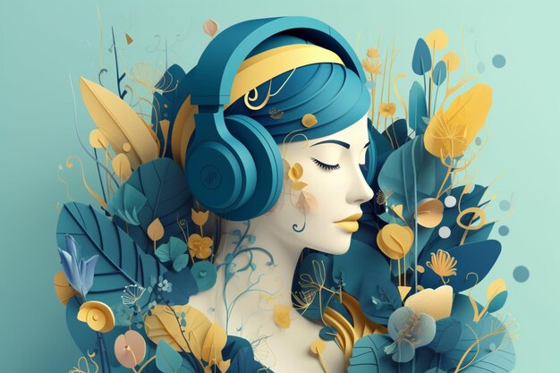 A woman with headphones on and a blue background with flowers