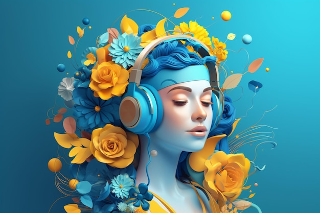 A woman with headphones on and a blue background with flowers