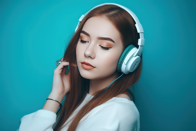 A woman with headphones on a blue background