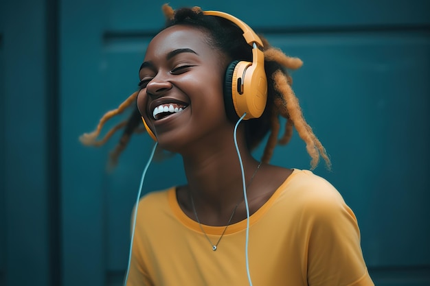 A woman with headphones on a blue background