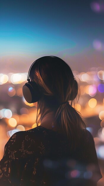 Photo a woman with headphones on a blurred city