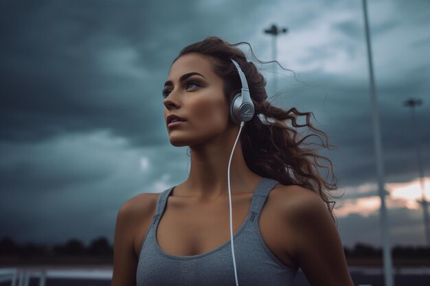 a woman with headphones on and a cloudy sky background