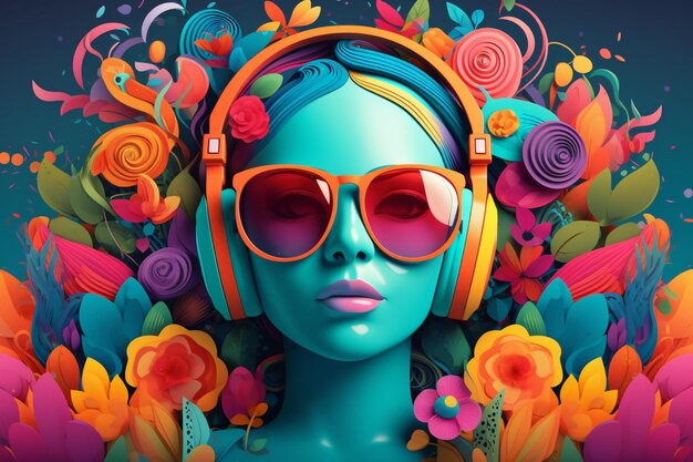 Premium AI Image | A woman with headphones on and a colorful background ...