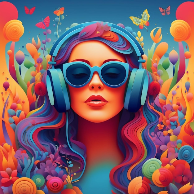 A woman with headphones on and a colorful flowers background