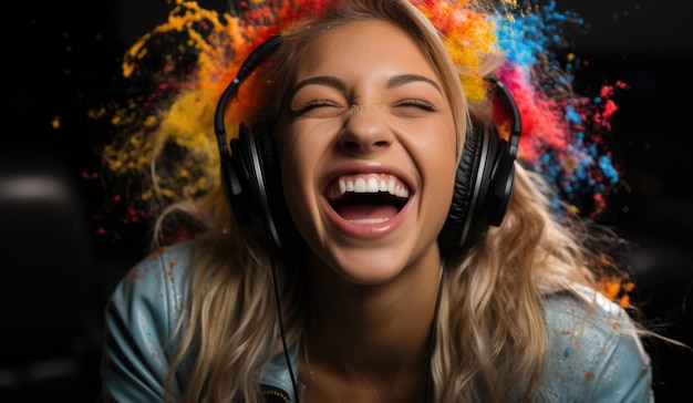 A woman with headphones and colorful paint on her head ai