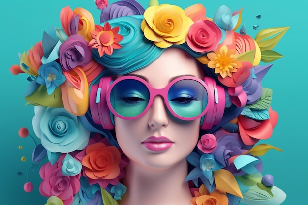 A woman with headphones on and flowers on her head